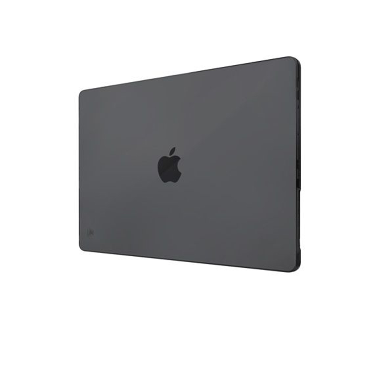 Dunkelgraue MacBook-Hülle mit Apple-Logo, von hinten betrachtet, auf weißem Hintergrund.