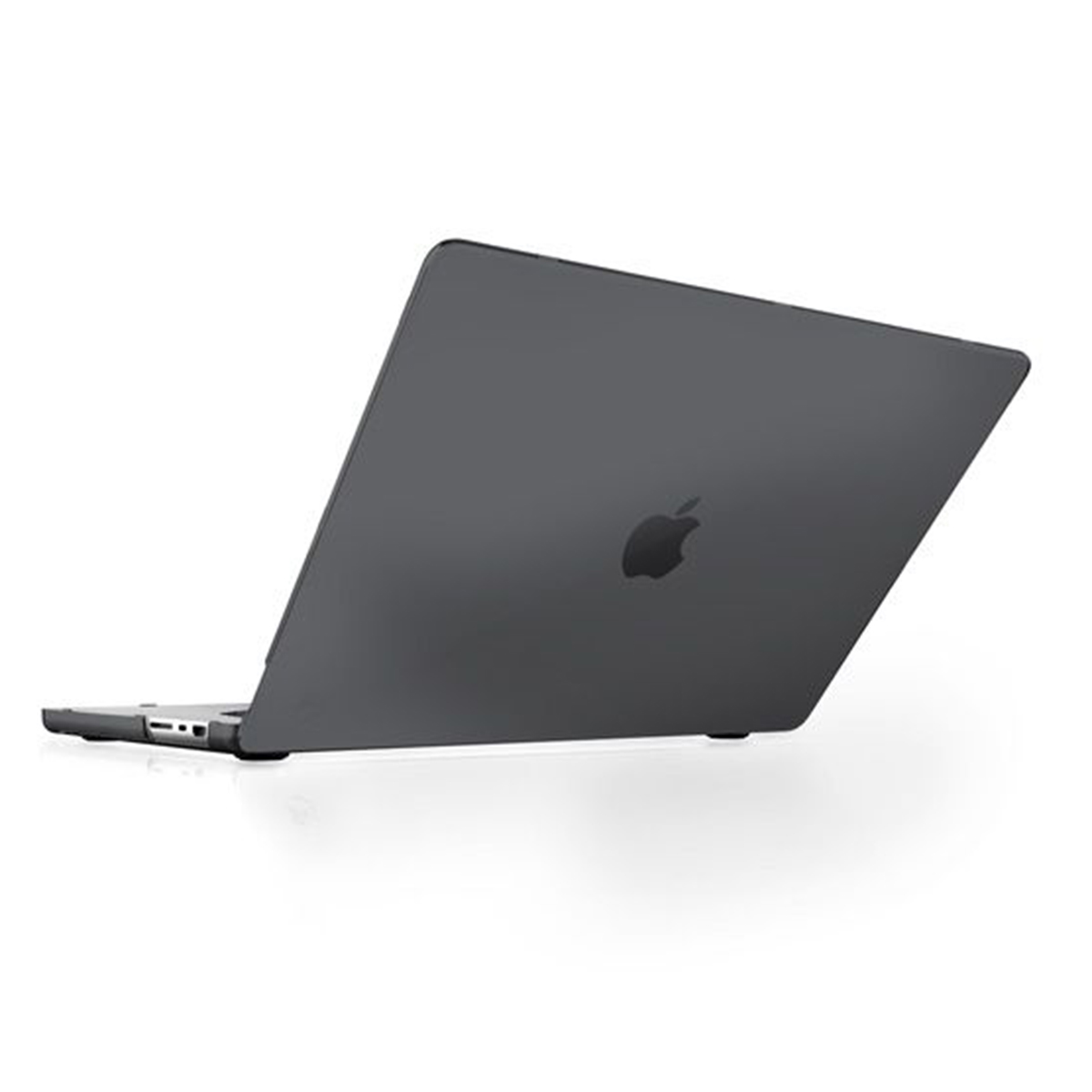 Dunkelgrauer Laptop mit Apfel-Logo, auf weißem Hintergrund.