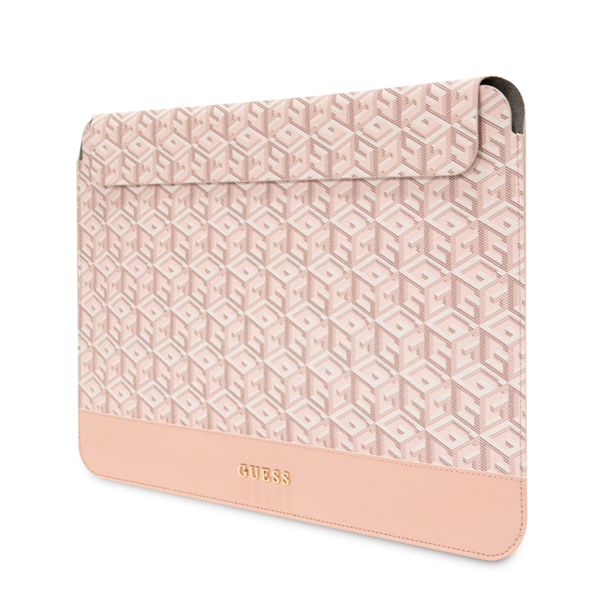 Custodia per laptop rosa e beige. Motivo geometrico e logo GUESS sul davanti.