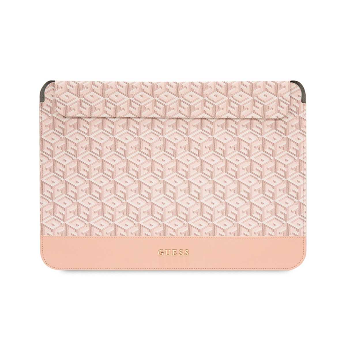 Custodia per laptop Guess rosa con motivo logo ripetuto e parte inferiore rosa. Chiusura a patta.