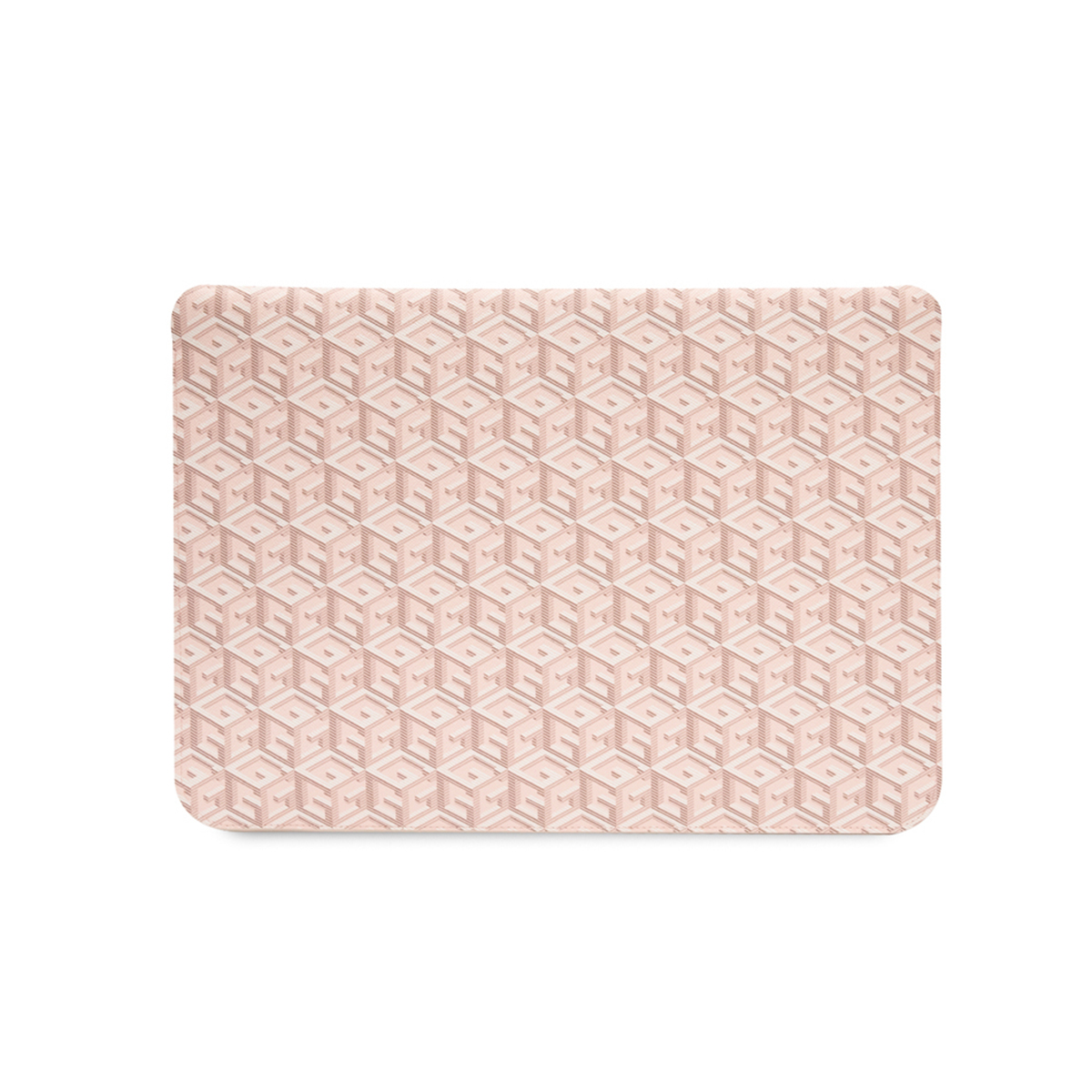 Tappetino per laptop rosa con motivo geometrico su sfondo bianco.