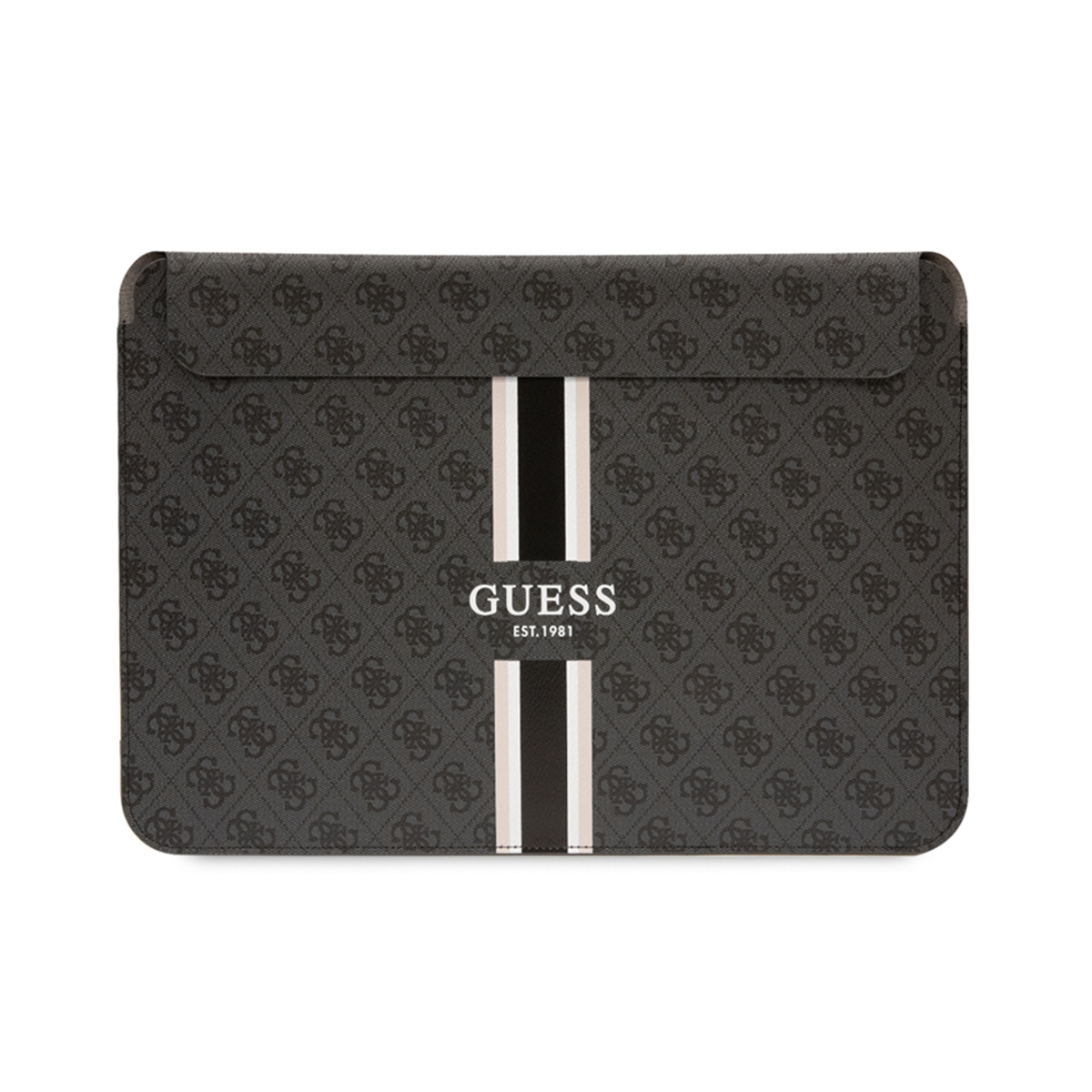 Custodia per laptop con motivo logo Guess, strisce verticali e logo Guess al centro.