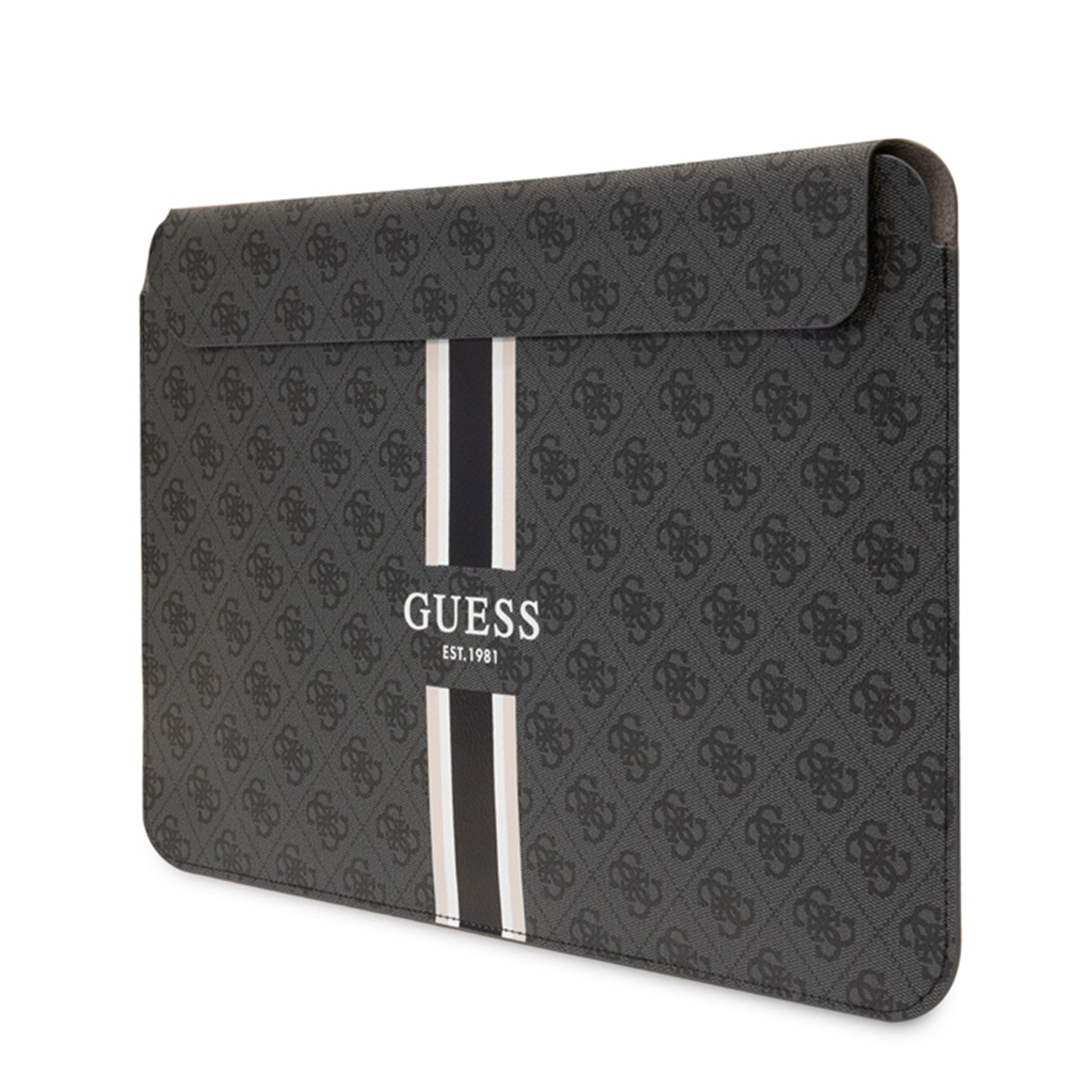 Custodia per laptop con motivo logo Guess. Strisce bianche e nere sul lato.