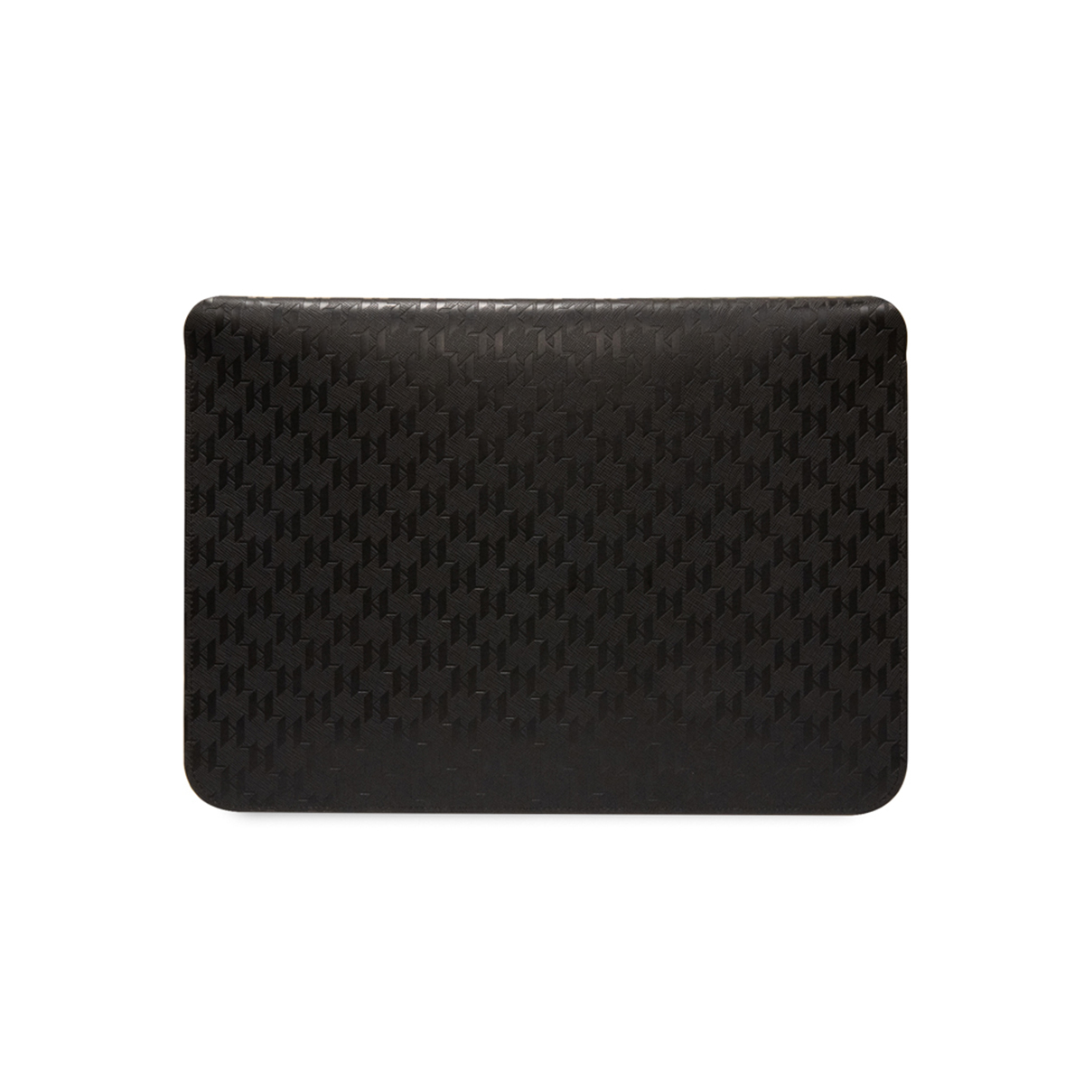Custodia per laptop nera con motivo geometrico. Sfondo semplice.