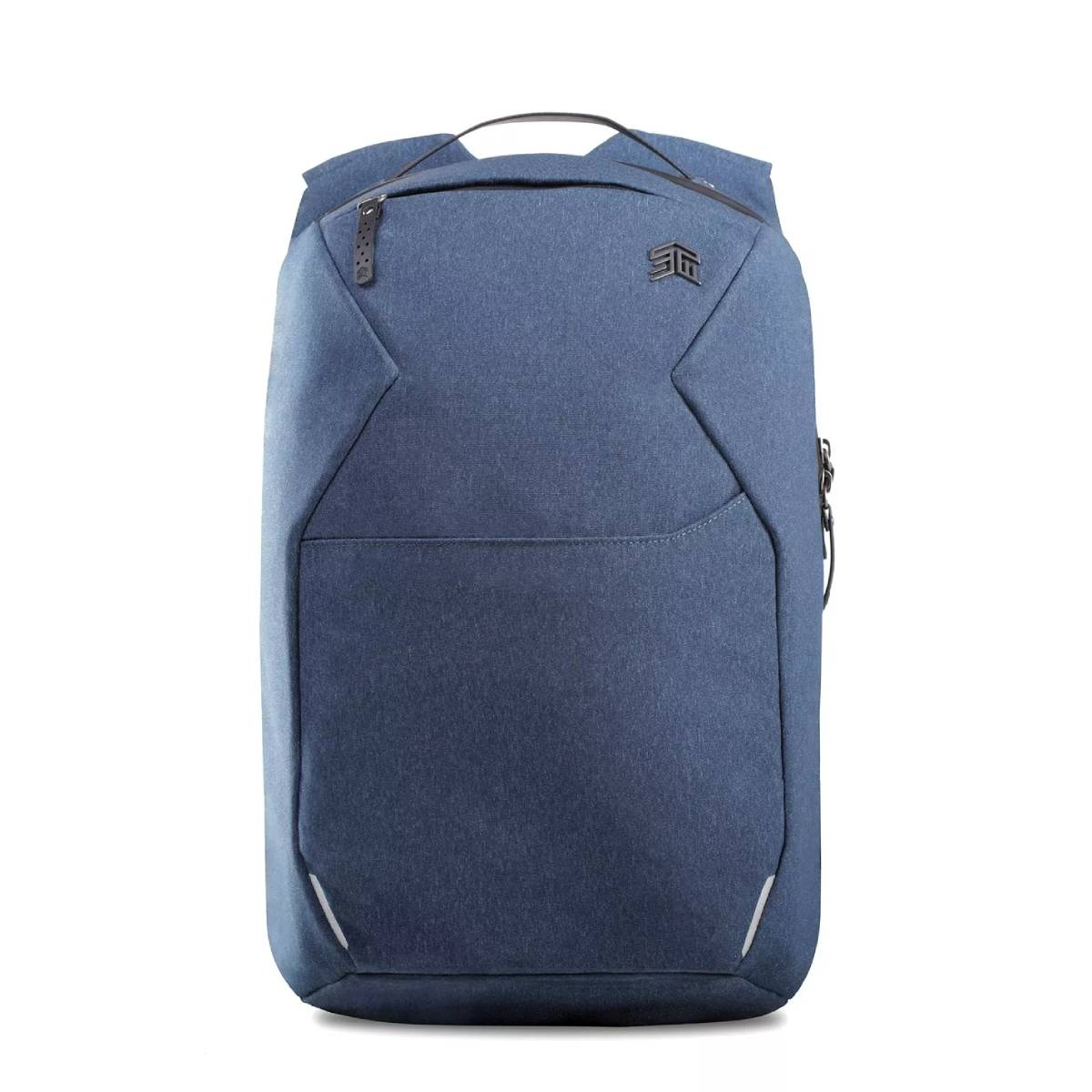 Sac à dos bleu avec une poche avant gris foncé et un logo gris.