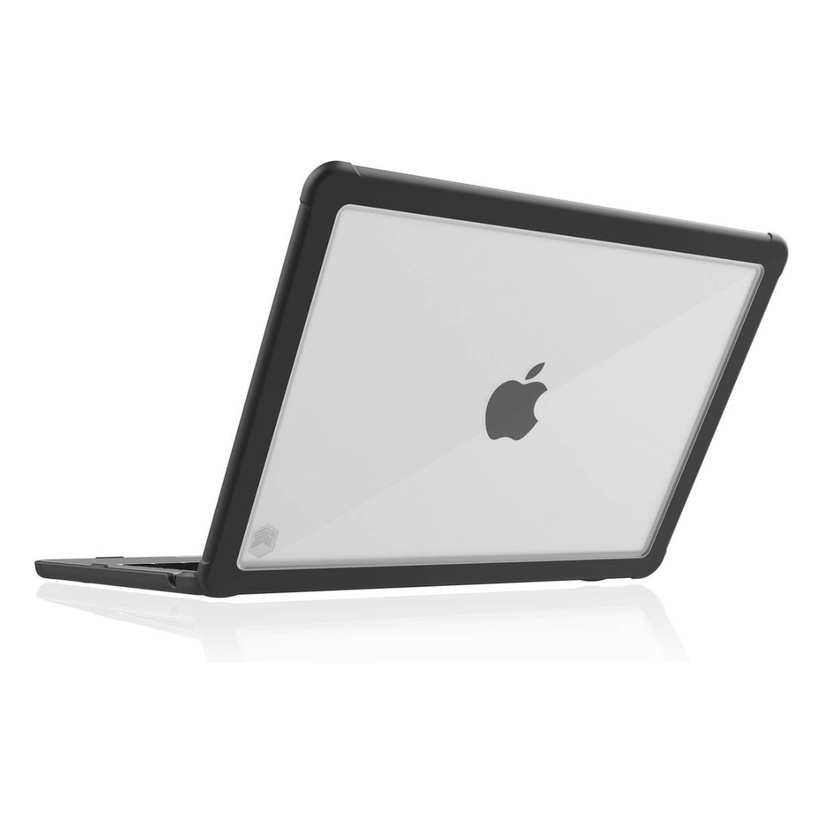 Schwarzes Laptop mit transparenter Hülle auf weißem Hintergrund.