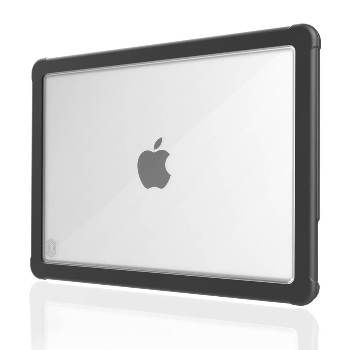 Schwarze Laptoptasche mit Apple-Logo. Klarer Bildschirm mit schwarzem Rand.