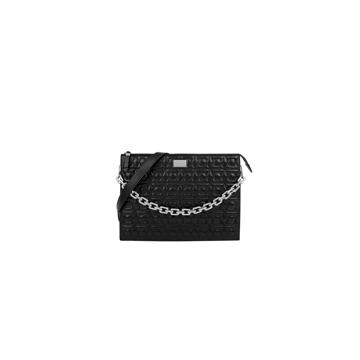 Schwarze Stepptasche mit silbernem Kettengurt. Mit silberner Logoplatte.