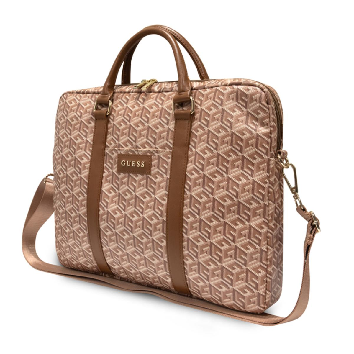 Braune Laptoptasche mit Muster, braunen Griffen und Schulterriemen.