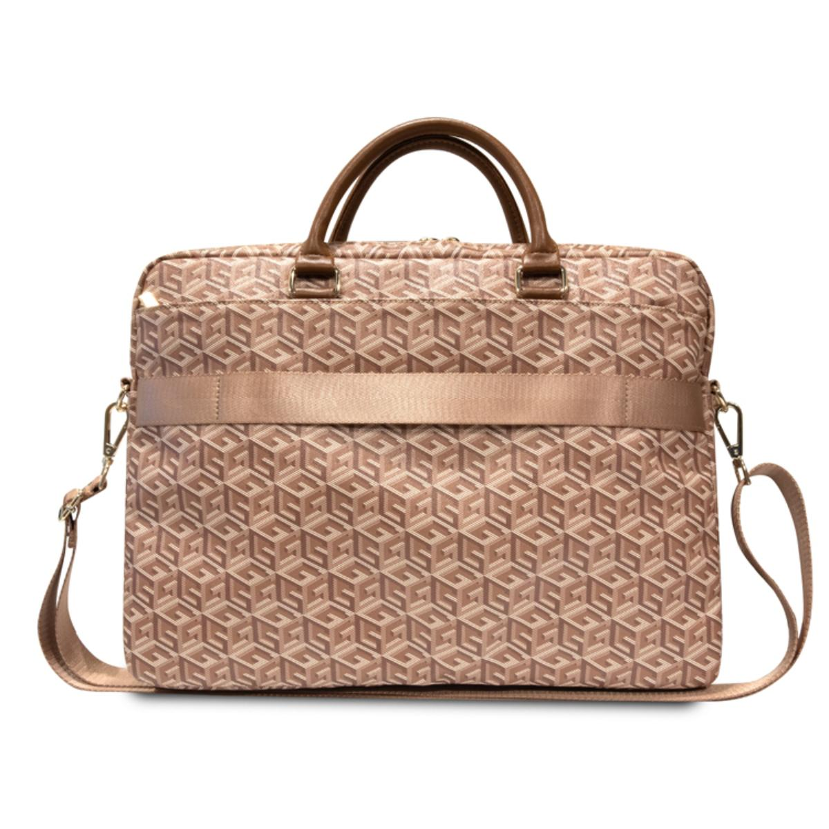 Braune und beige Laptoptasche mit geometrischem Muster. Braune Griffe und Gurt.