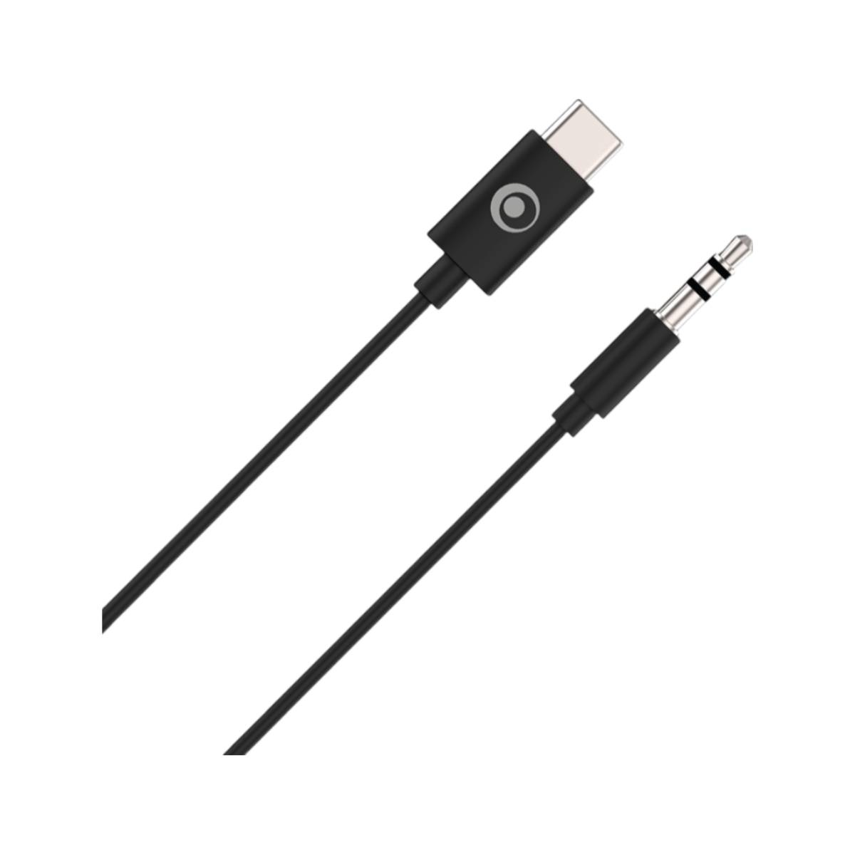 Cavo nero. Un'estremità è di tipo C, l'altra jack da 3,5 mm. Sfondo bianco.