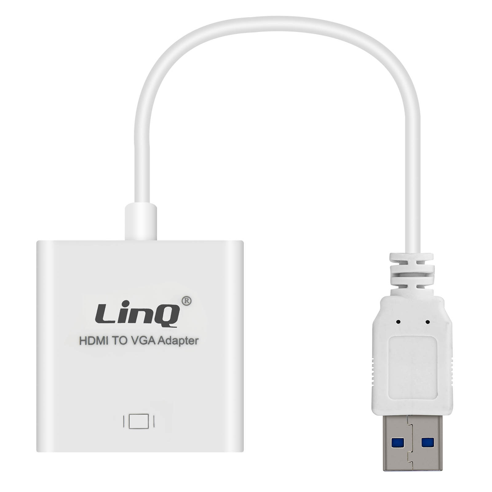 Adattatore da HDMI a VGA LinQ bianco con connettore USB.