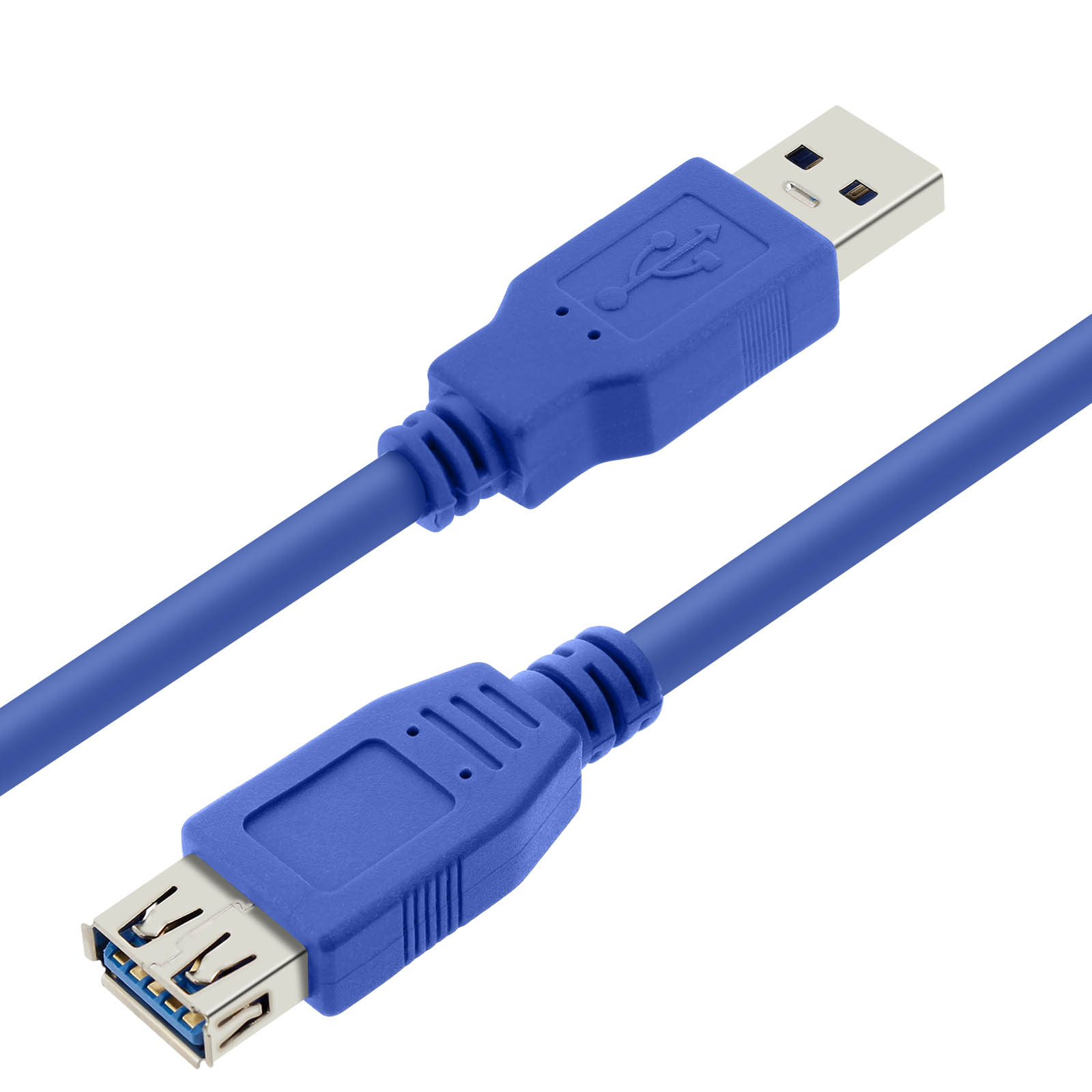 Cavo USB blu con connettori USB-A e USB-B. Sfondo bianco.