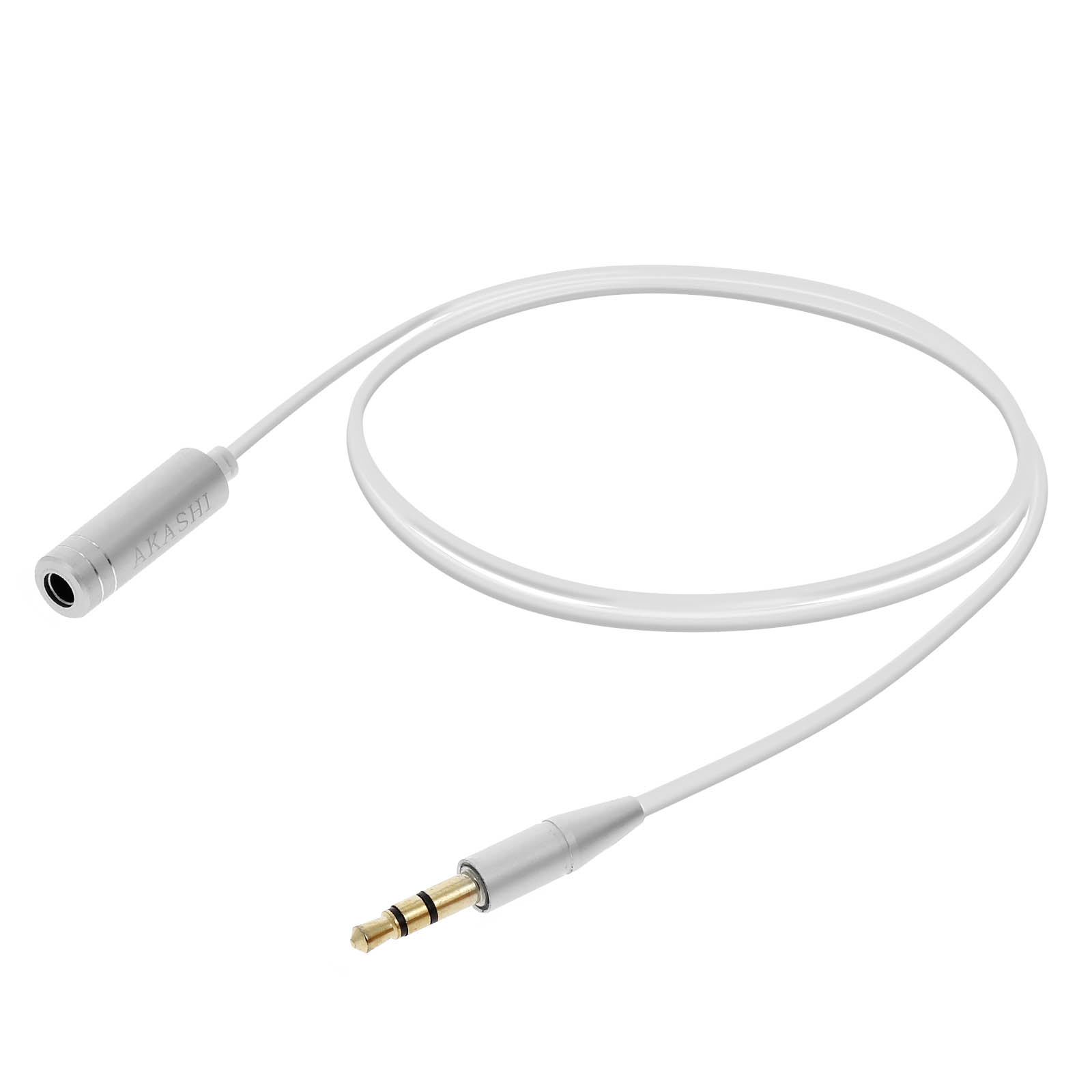 Cavo adattatore jack audio argento e nero a 3,5 mm. Etichetta del marchio AKASHI.