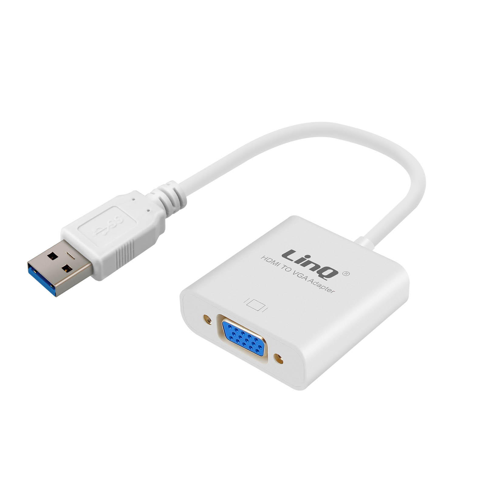 Adattatore USB bianco a HDMI a VGA. Presenta il marchio Lino.