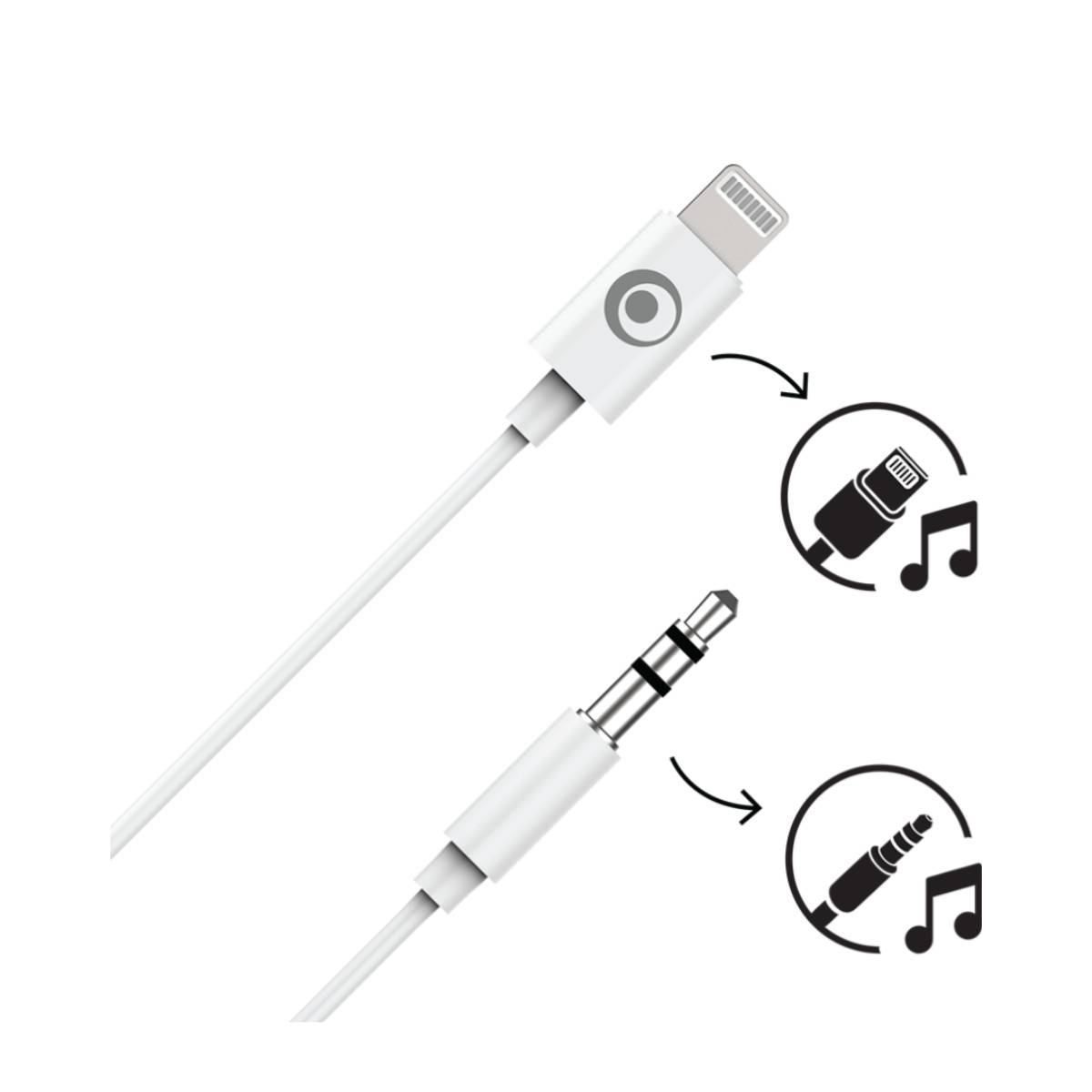 Câble audio blanc. Connecteurs Lightning et jack 3,5 mm. Notes de musique. Fond blanc.