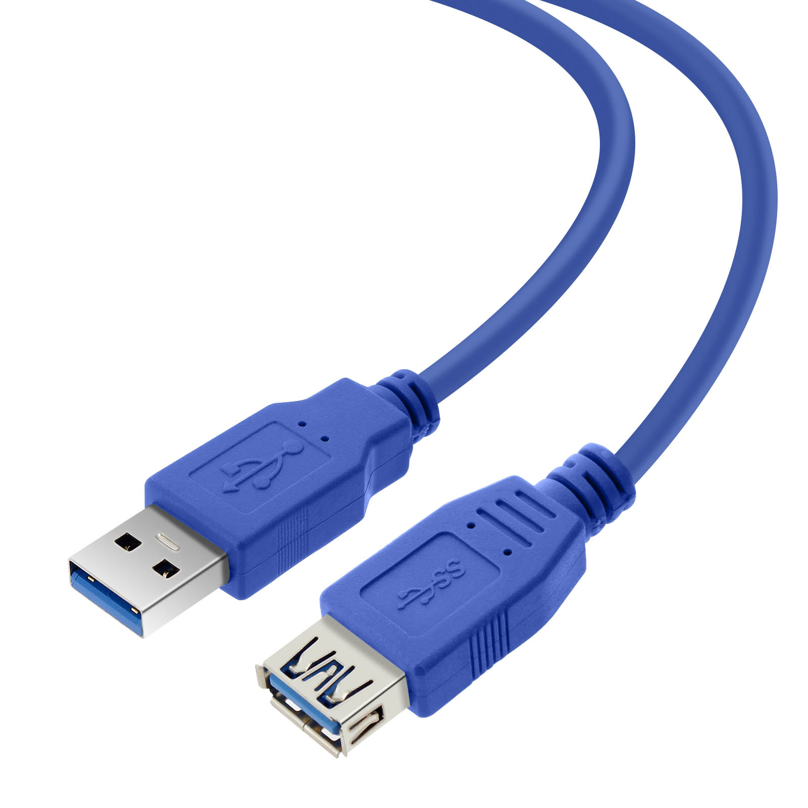 Cavo USB blu con connettori USB-A e USB-B, su sfondo bianco.