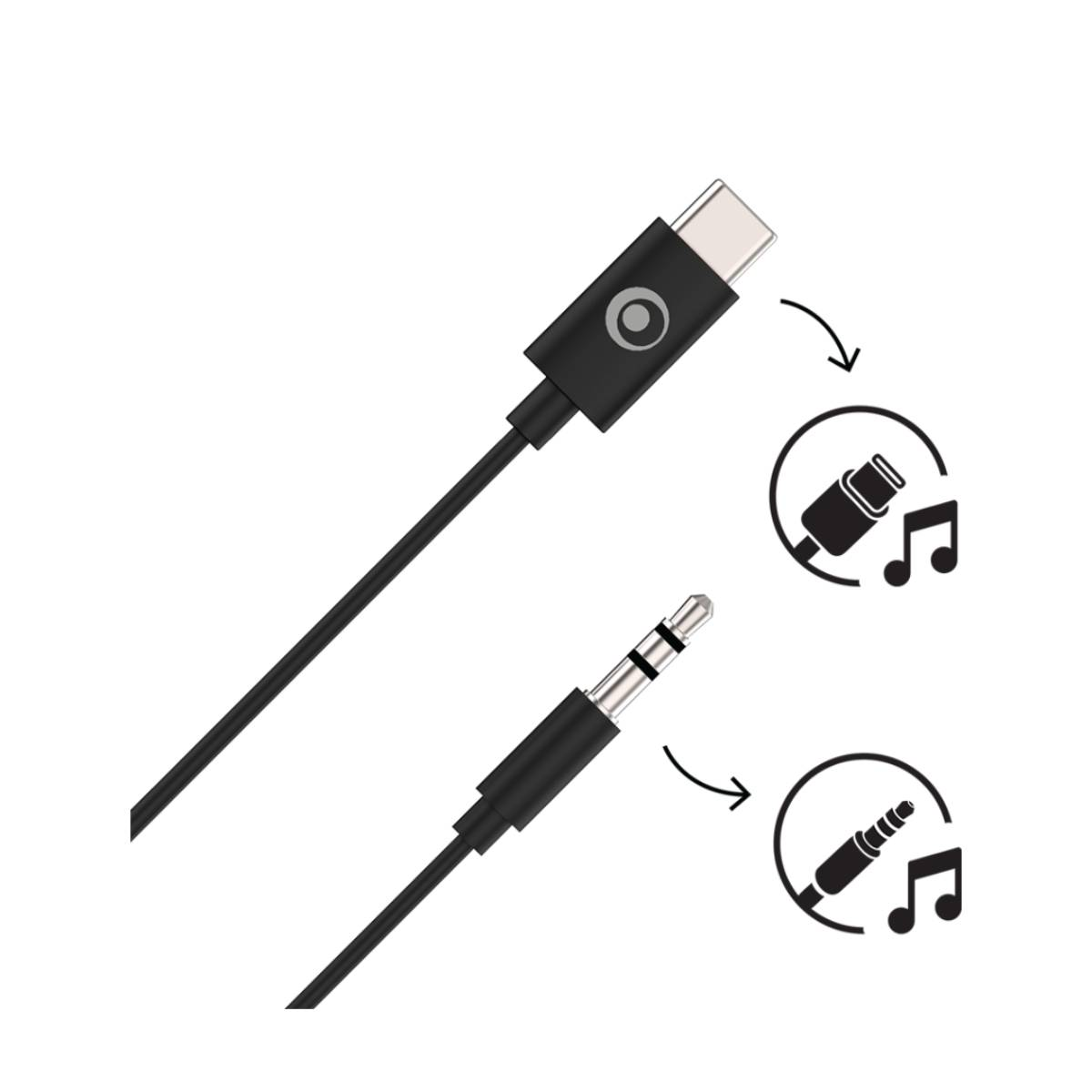 Due cavi audio neri con diversi tipi di connettori e icone di note musicali.