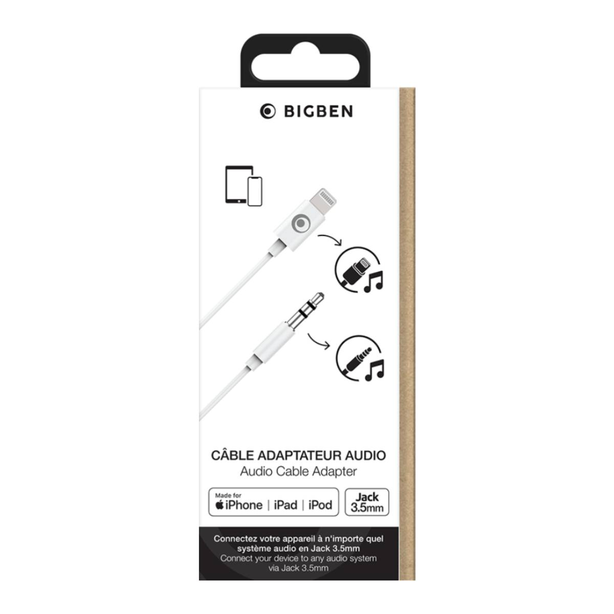 Boîte blanche avec un adaptateur de câble audio. Il possède un connecteur Lightning et une prise jack 3,5 mm.