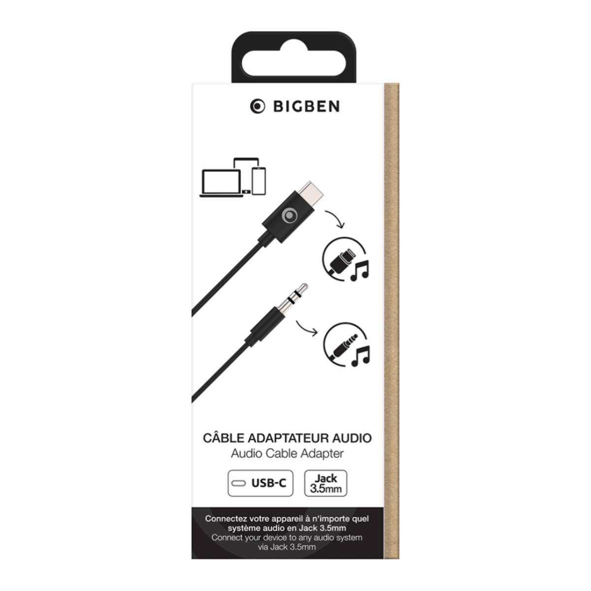 Confezione adattatore per cavo audio Bigben. Mostra cavo USB-C a jack da 3,5 mm con diagrammi di utilizzo su sfondo bianco.