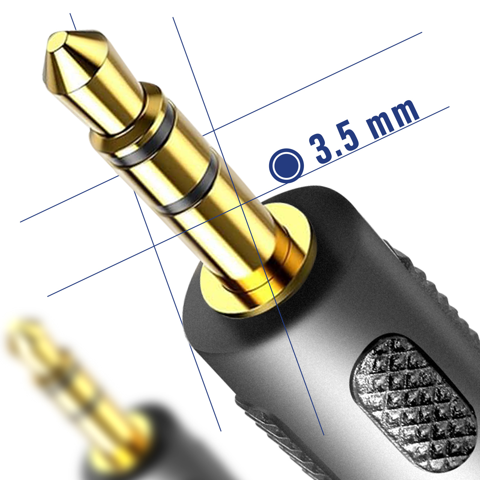 Primo piano di un jack audio da 3,5 mm con diagramma a reticolo su sfondo blu.