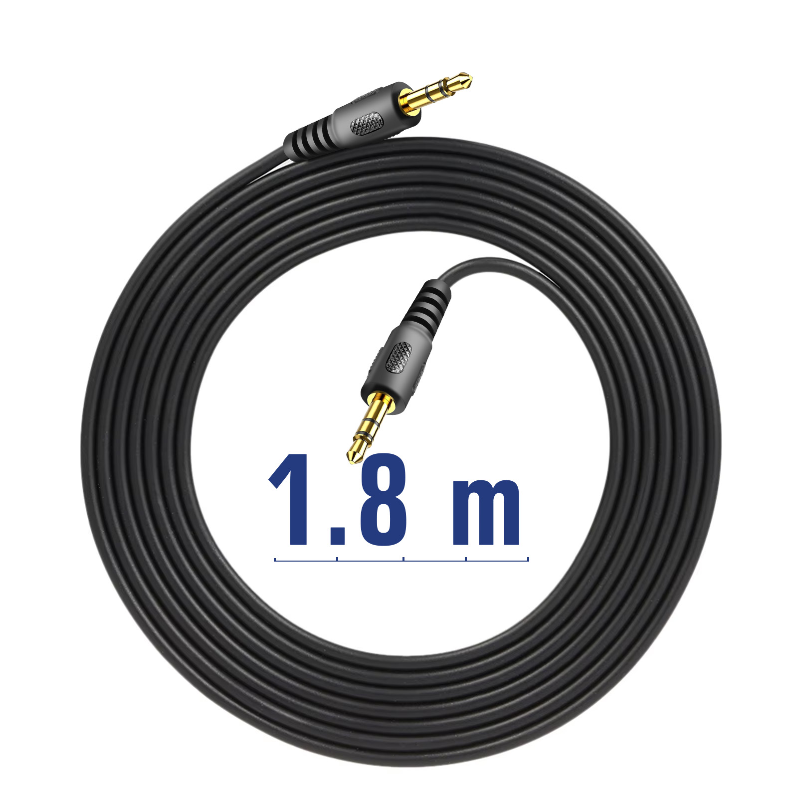 Cavo audio nero arrotolato, con etichetta da 1,8 m. Il cavo ha jack da 3,5 mm.