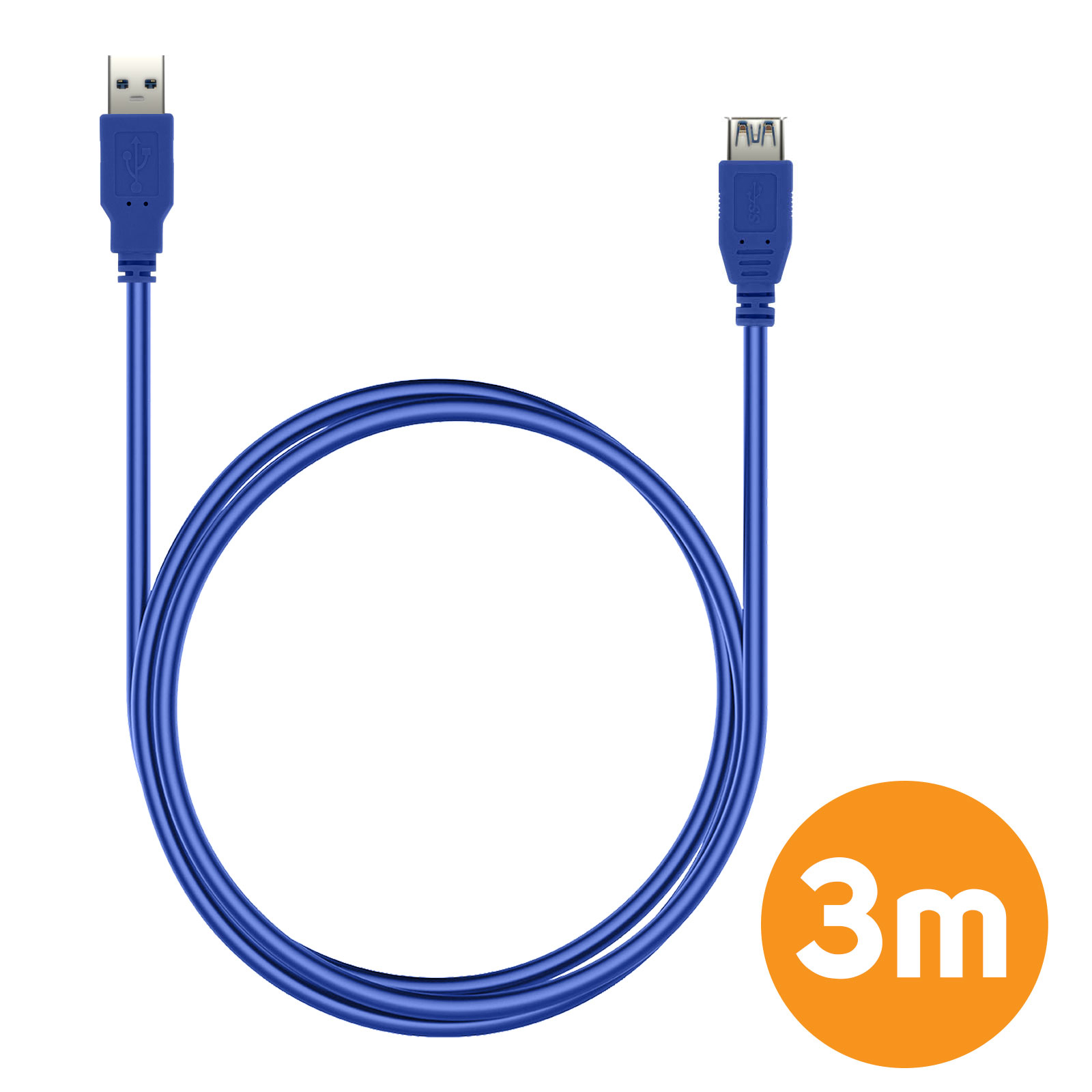 Cavo USB blu con connettori USB su entrambe le estremità, a forma di U. Cerchio arancione con il numero 3m.