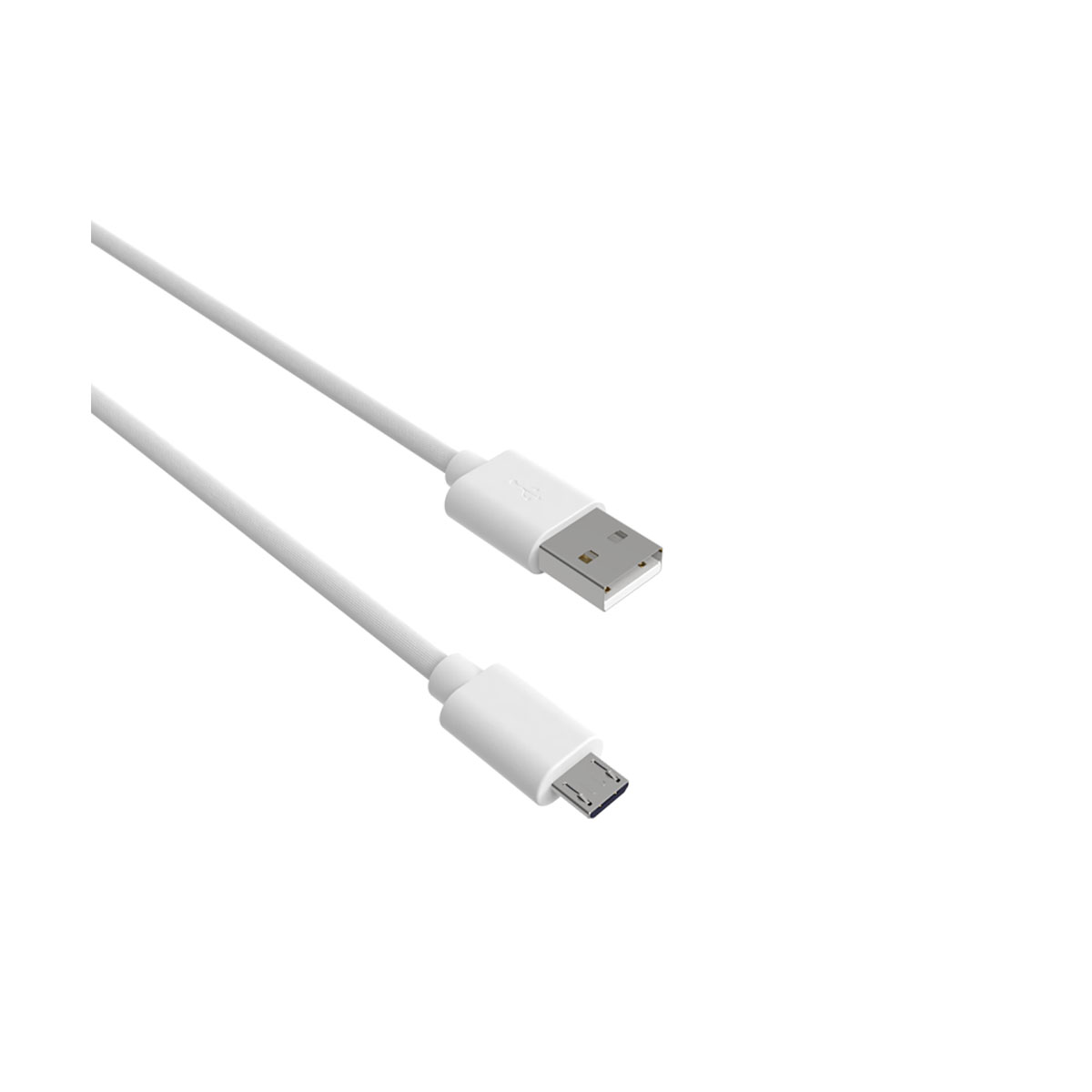 Cavo da USB a micro USB bianco. I connettori sono bianchi. Sfondo bianco.