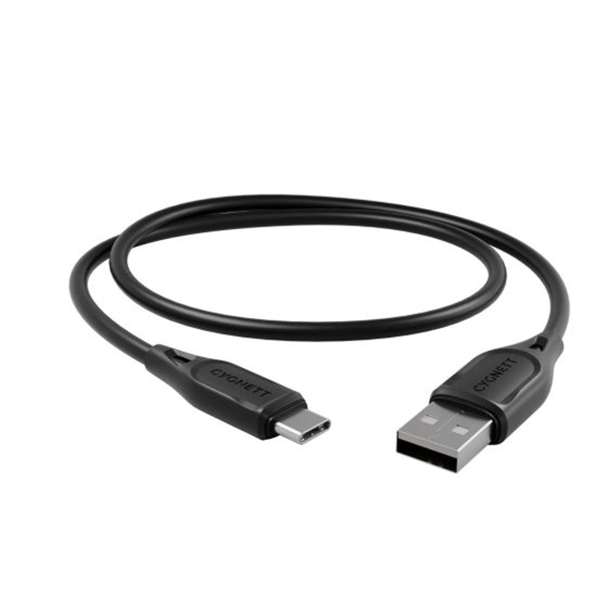 Cavo USB nero. Connettori USB-C a USB-A. Marchio Cygnett. Sfondo bianco.
