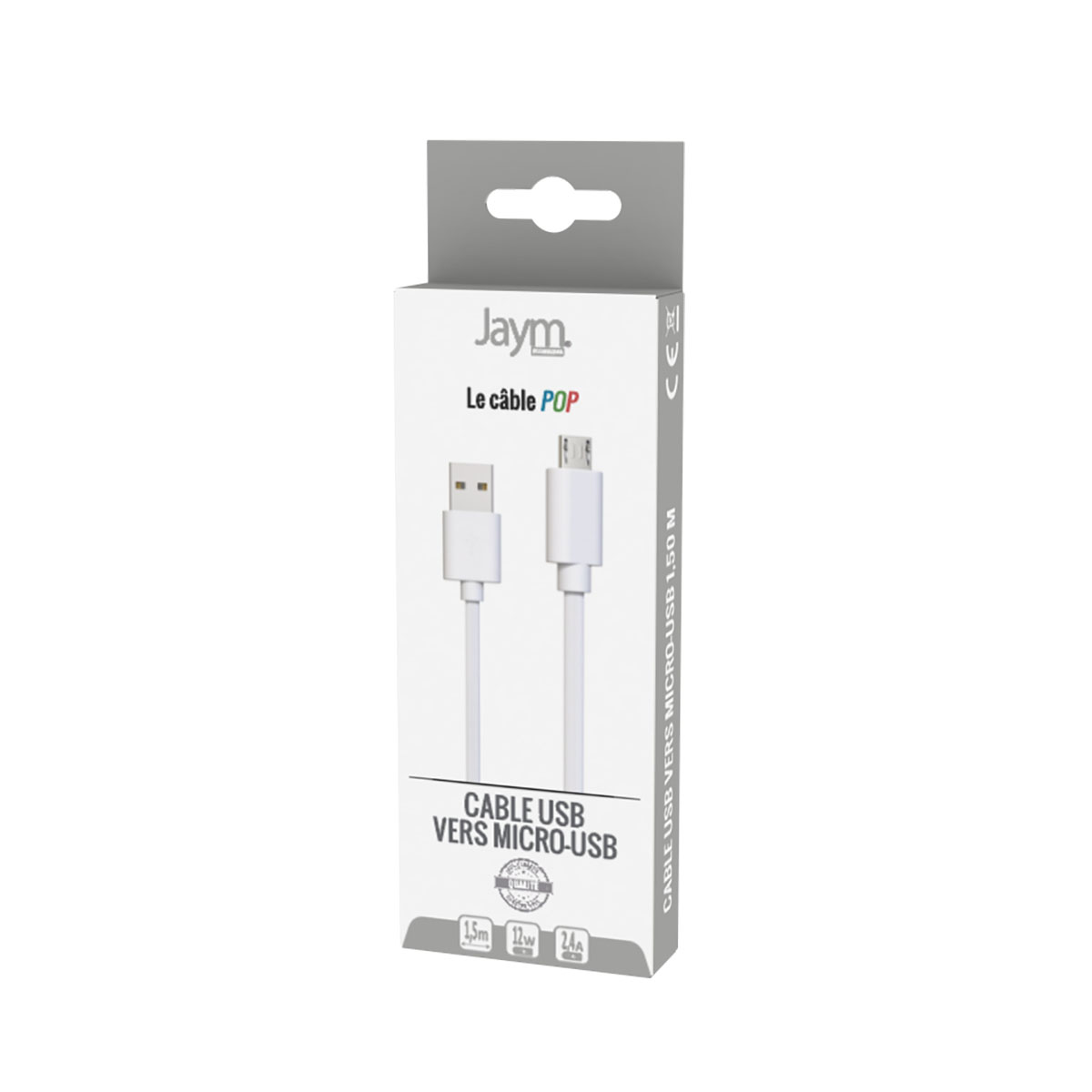 Scatola bianca e grigia con cavo USB, testo 'Cable USB vers micro-USB' e dettagli del prodotto.