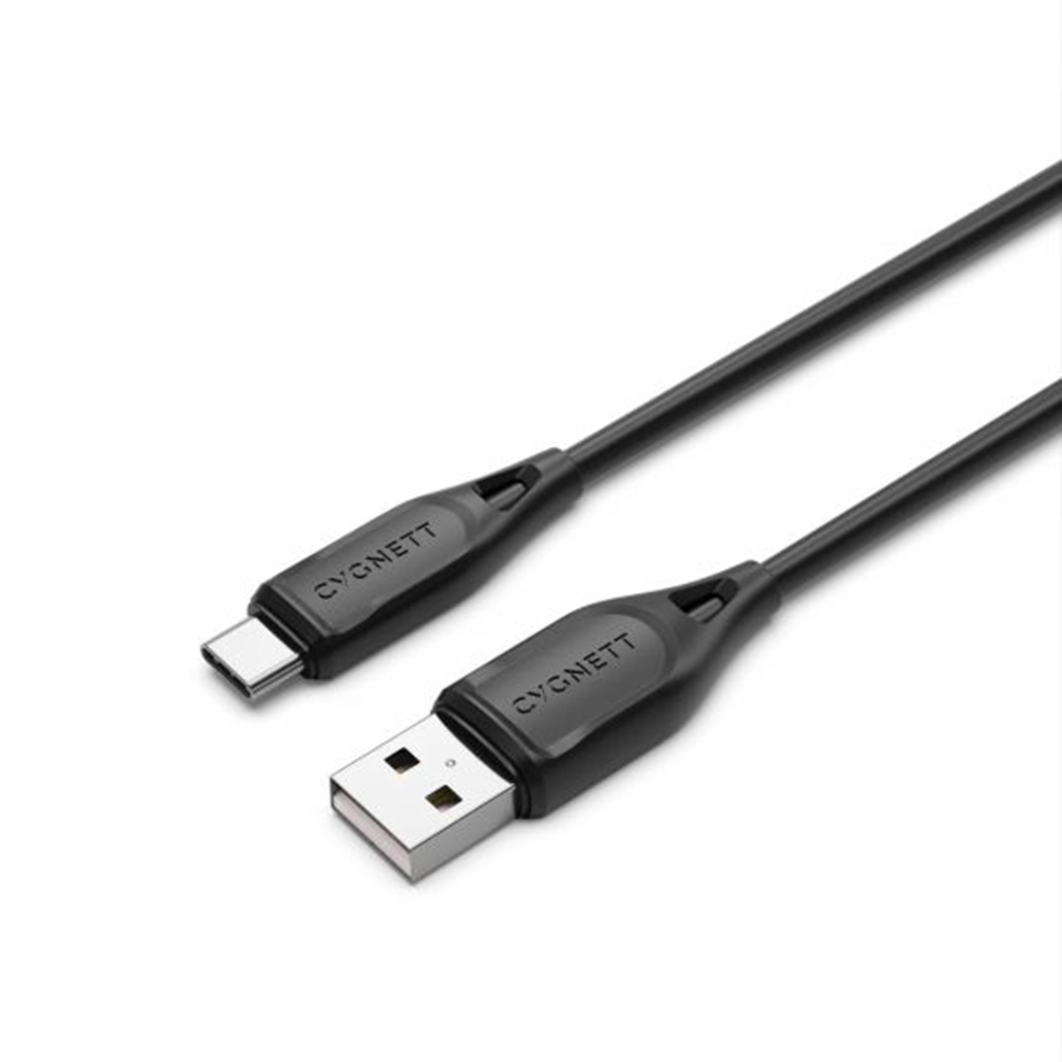 Due cavi USB-C neri, etichettati 'CYGNETT', angolati su sfondo bianco.