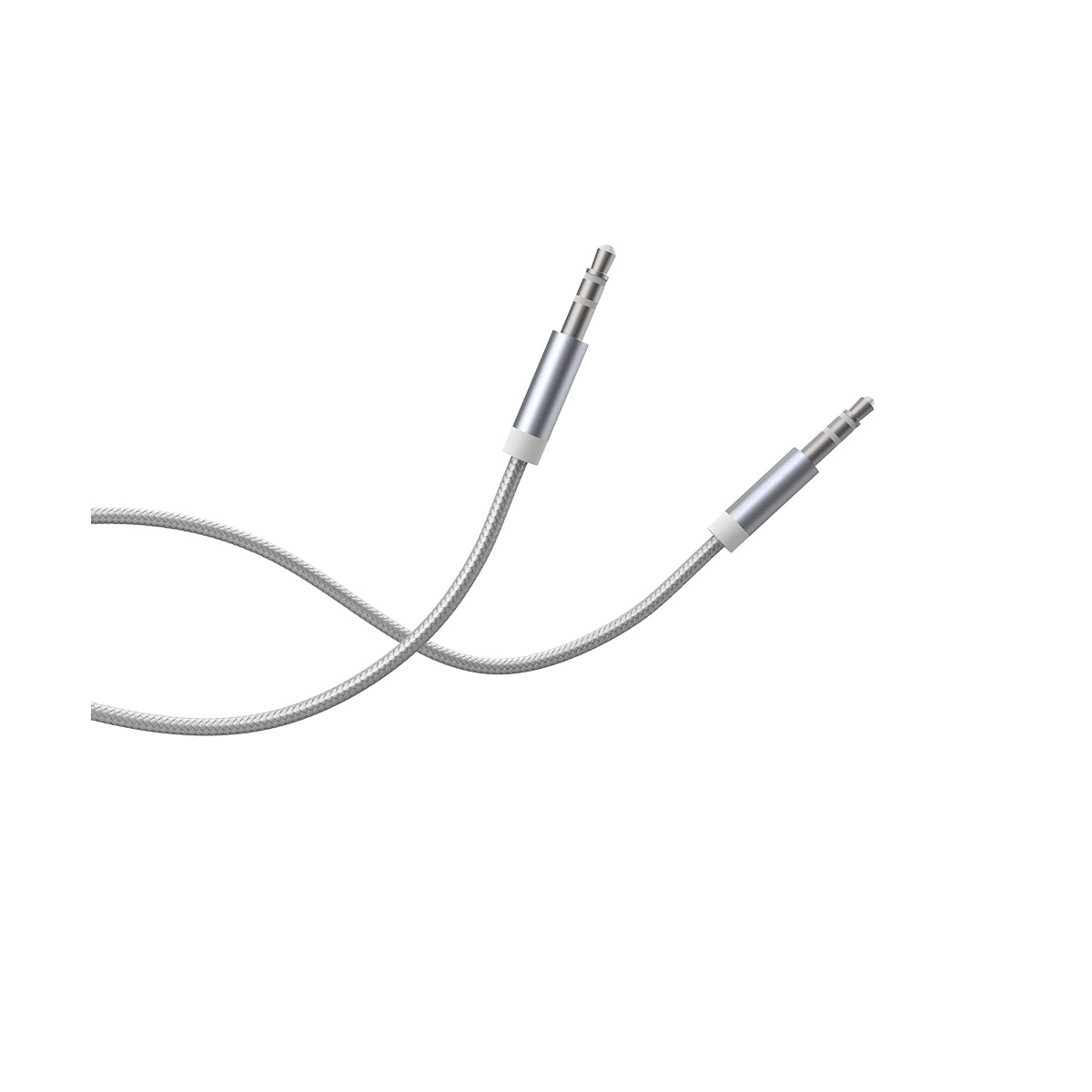 Due cavi audio da 3,5 mm argentati con dettagli bianchi e grigi. I cavi sono intrecciati.
