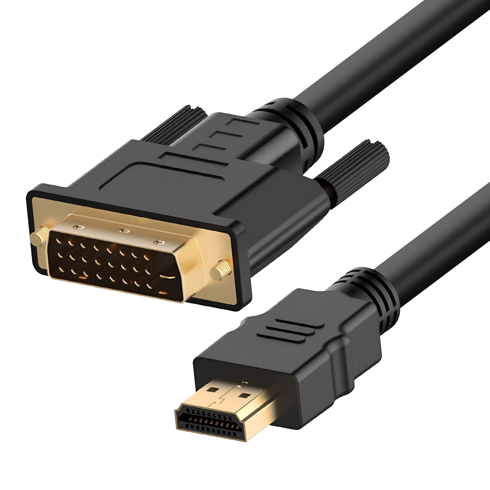Cavo nero da DVI a HDMI. Connettore DVI a sinistra, HDMI a destra, entrambi angolati verso la fotocamera.