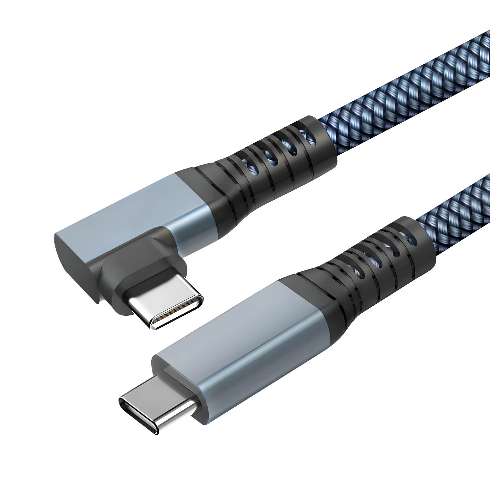 Cavo USB-C blu e nero con connettori angolati. Design del cavo intrecciato.