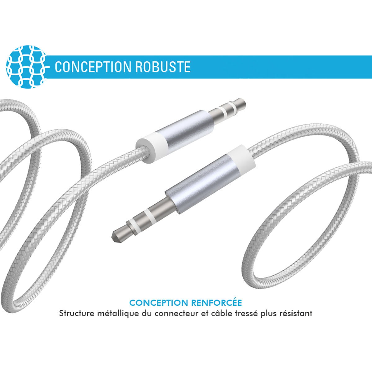Due cavi audio da 3,5 mm argentati con dettagli bianchi. I cavi sono intrecciati.