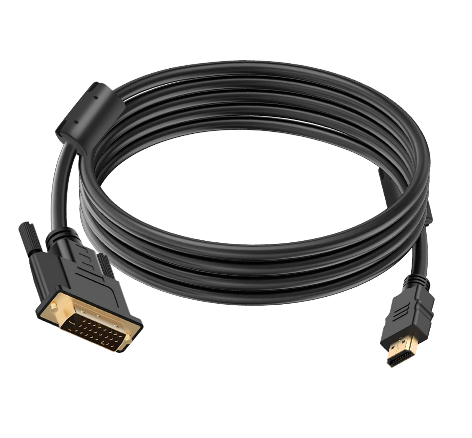 Cavo da HDMI a DVI nero, arrotolato su sfondo bianco.