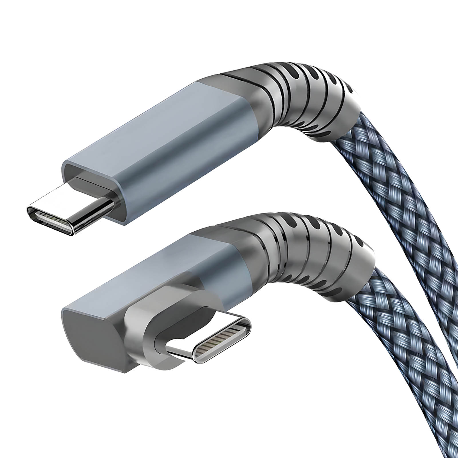 Primo piano di due cavi USB-C con guaine intrecciate. Uno è angolato, l'altro dritto, con connettori grigi.