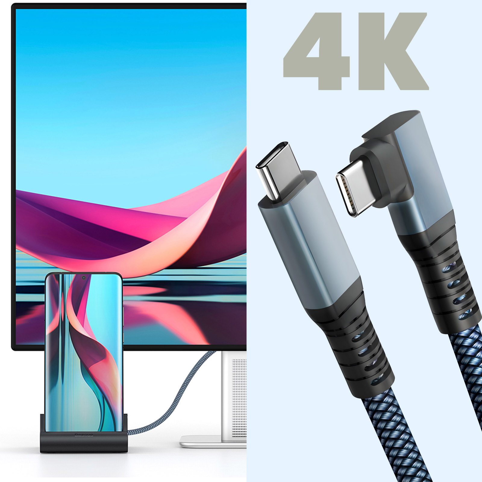 Un telefono collegato a un monitor con un cavo USB-C. Vengono mostrati due cavi USB-C. La parola '4K' è visibile.