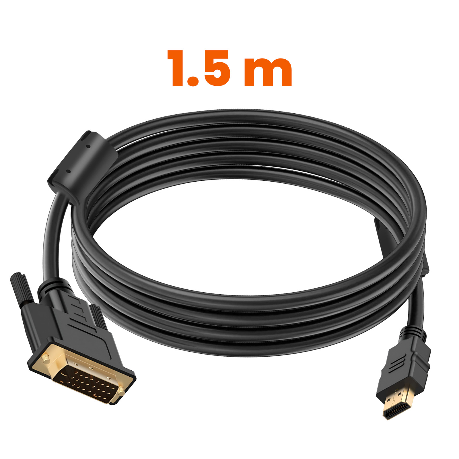 Cavo nero DVI a HDMI, lungo 1,5 m, arrotolato.