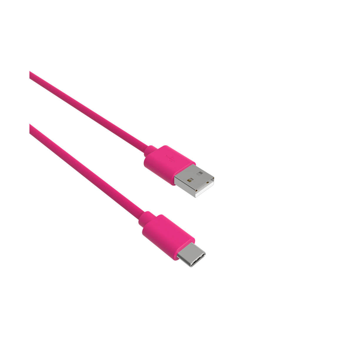 Rosafarbenes USB-A-zu-USB-C-Kabel, abgewinkelt, auf Weiß.