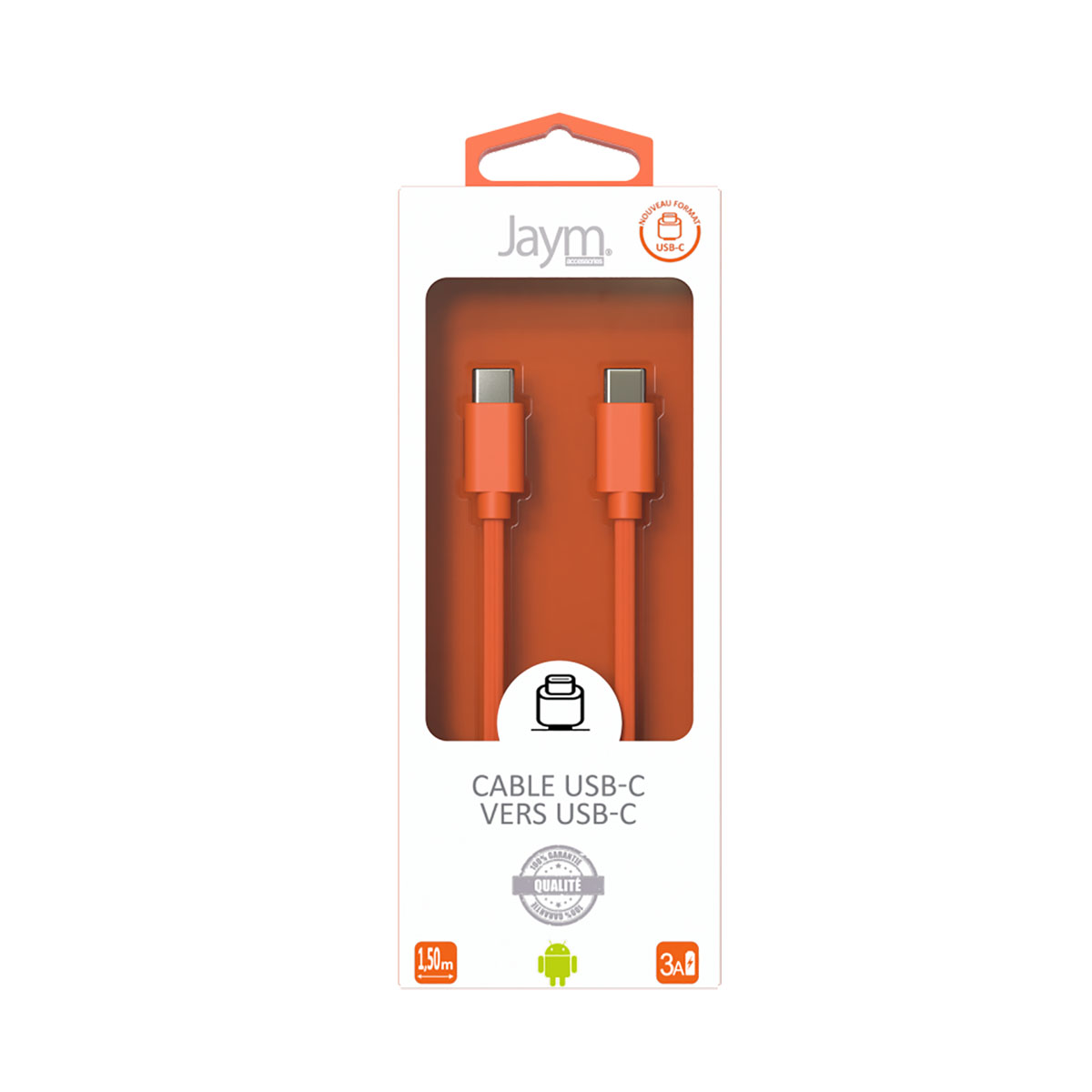 Cavo USB-C arancione in una scatola bianca. La scatola ha il marchio 'Jaym' e dettagli.