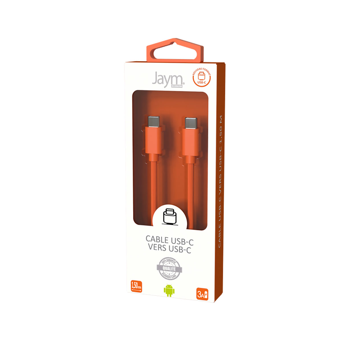 Cavo da USB-C a USB-C arancione in confezione. Cavo da 1,5 m, 3A, marchio Jaym.
