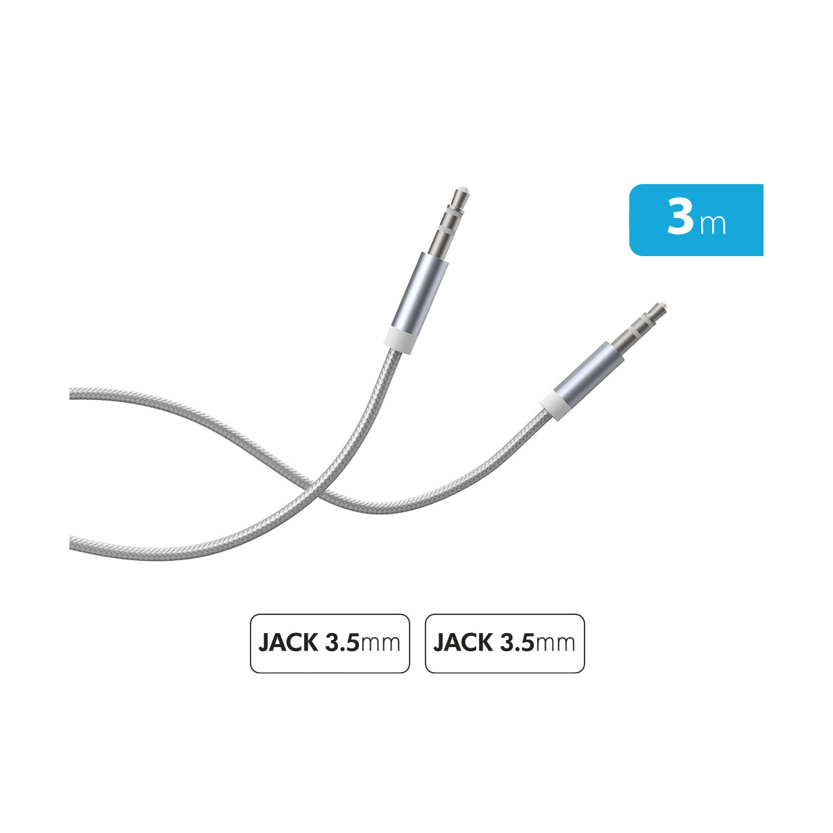 Cavo audio jack da 3,5 mm argento con etichetta 3 m.