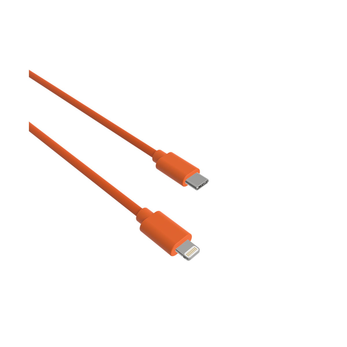 Orangenes USB-C-zu-Lightning-Kabel, abgewinkelt, auf Weiß.