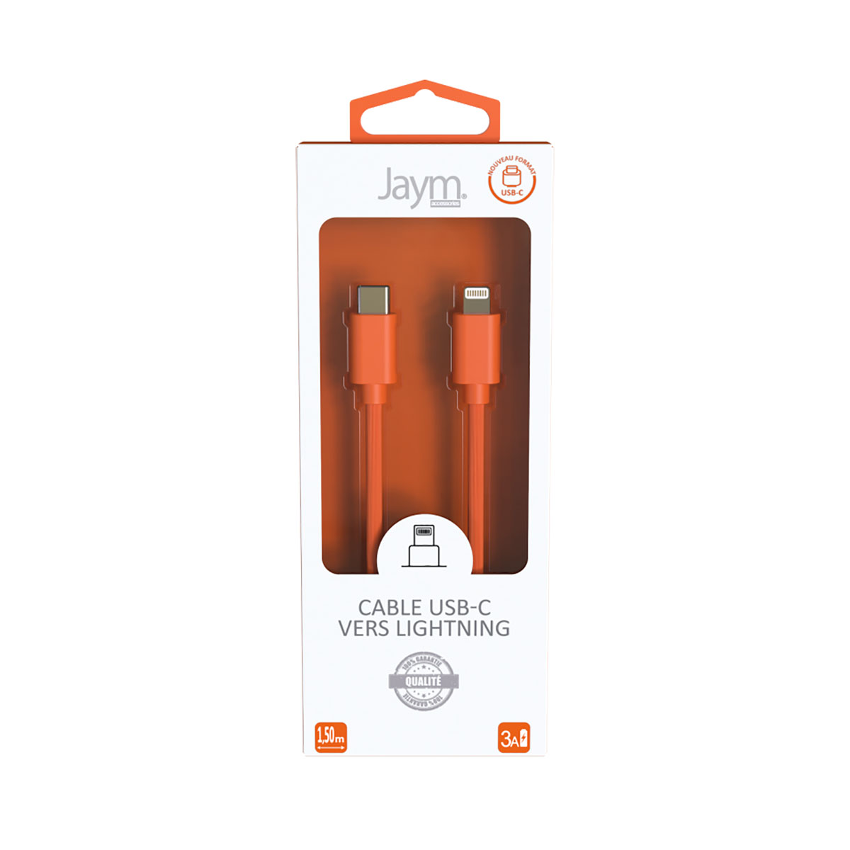 Orangenes USB-C-zu-Lightning-Kabel in einer Box mit der Aufschrift 'Jaym' auf weißem Grund.