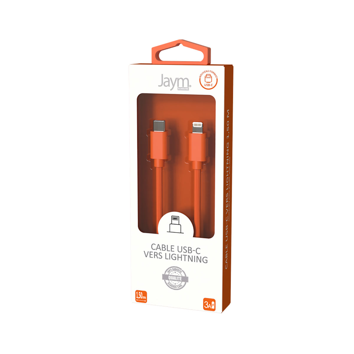Oranges USB-C-auf-Lightning-Kabel in Verpackung. 1,5 m Kabel, 3A, Marke Jaym.