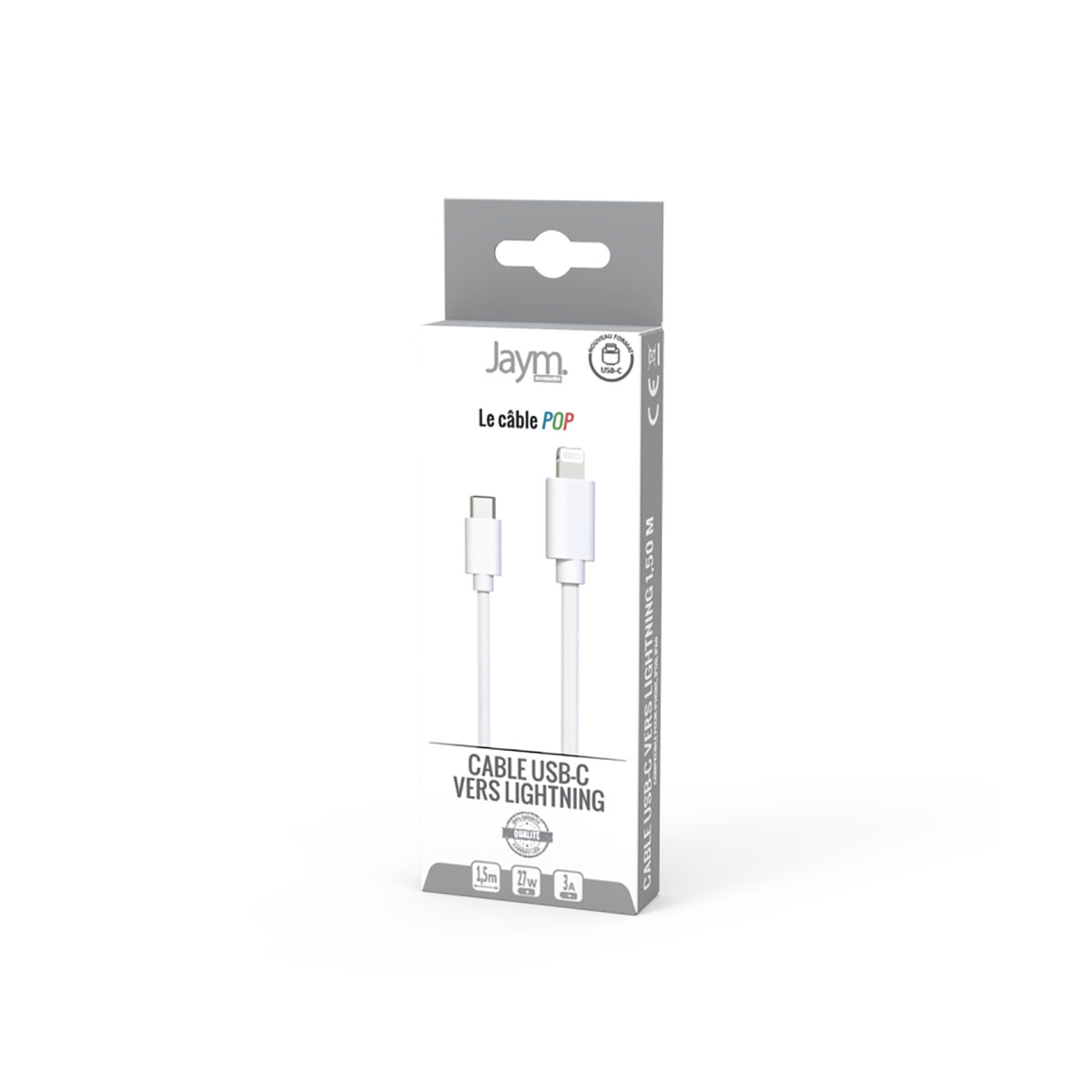 Câble USB-C vers Lightning blanc dans une boîte. La boîte porte la marque 'Jaym'.