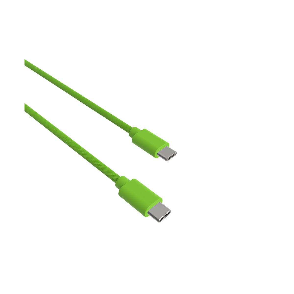 Due cavi USB-C verdi su sfondo bianco. I cavi sono angolati verso la fotocamera.