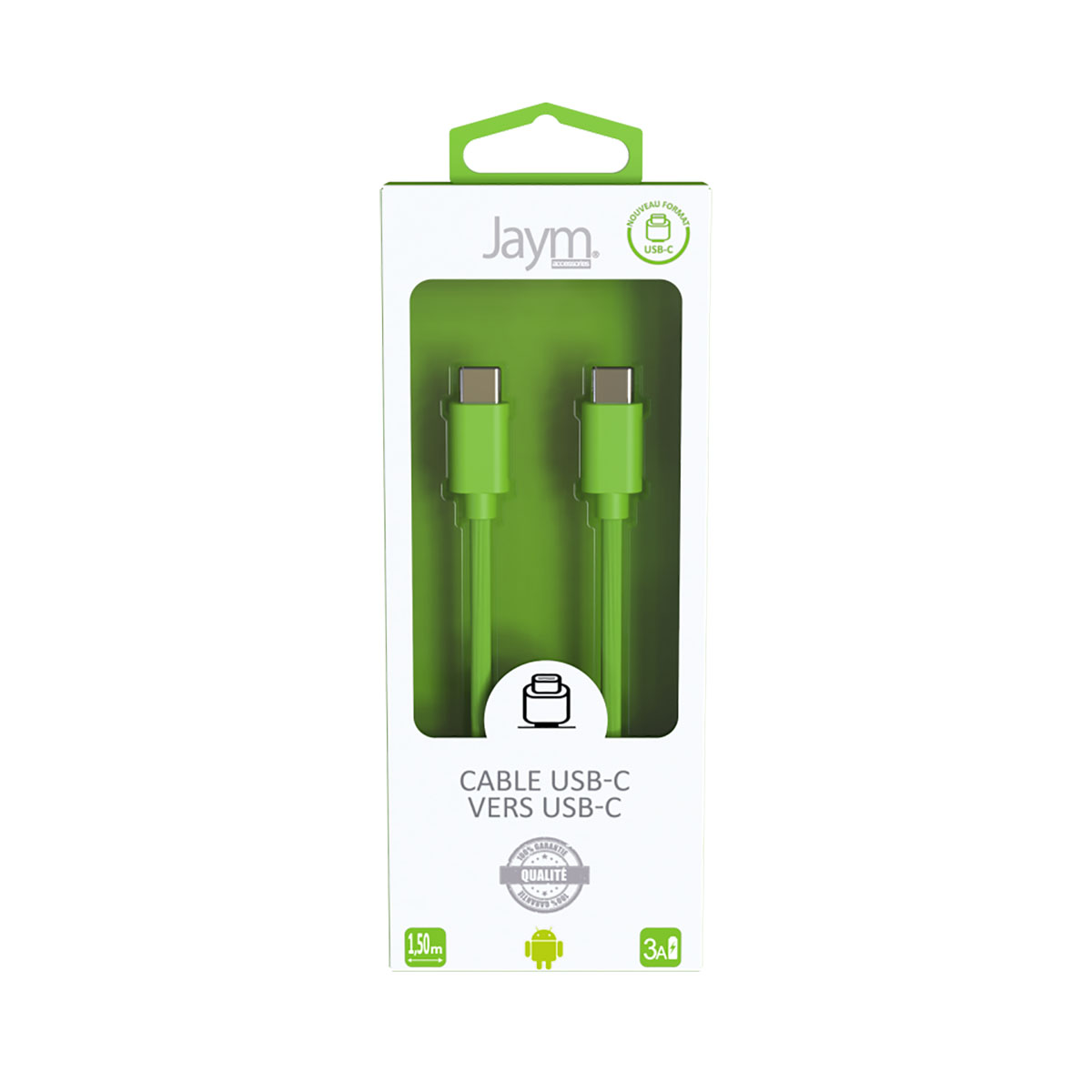 Cavo verde USB-C a USB-C in una scatola 'Jaym' su sfondo bianco.