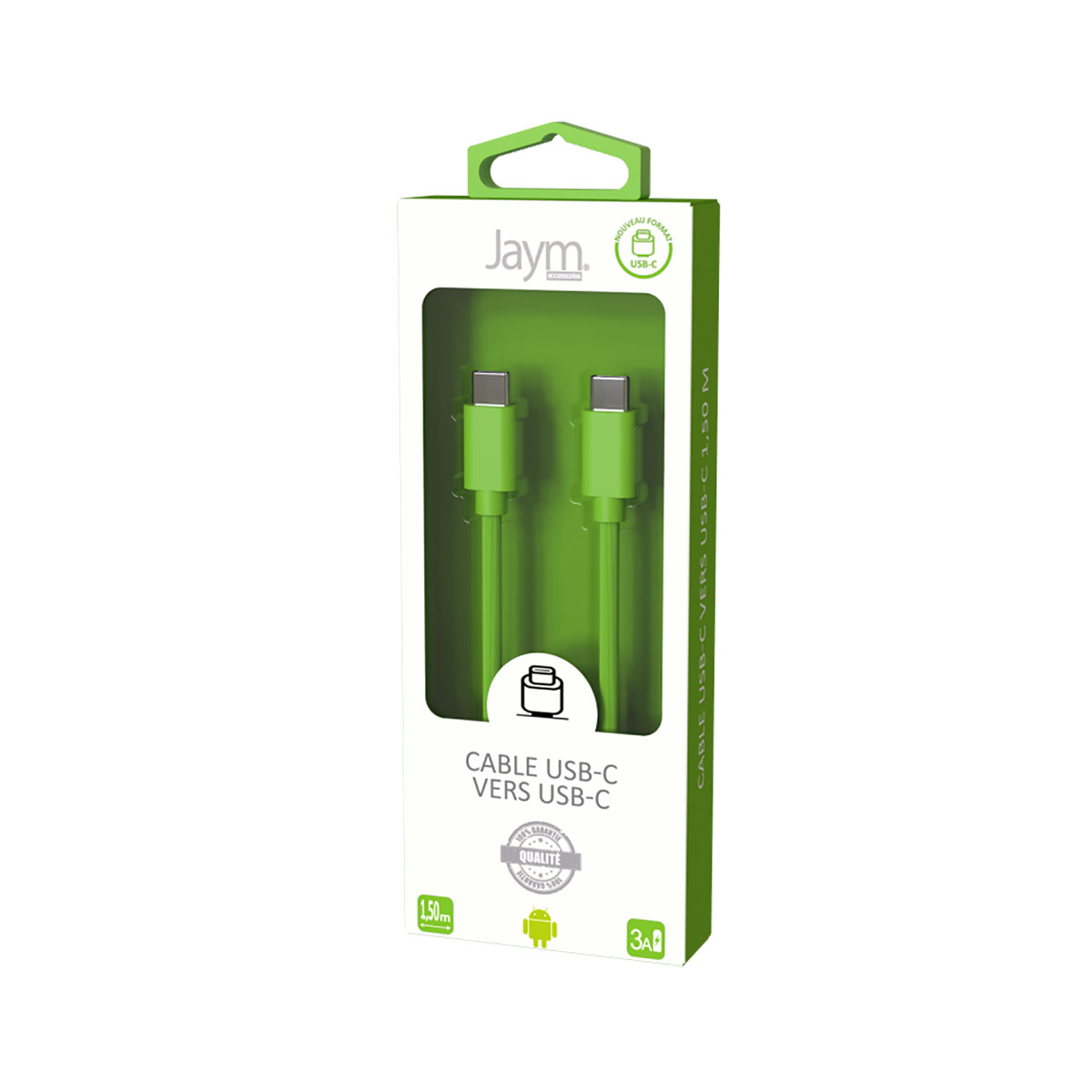 Cavo USB-C verde in una scatola verde e bianca.